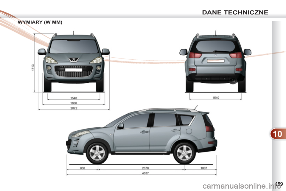PEUGEOT 4007 2012  Instrukcja obsługi (in Polish) 10
DANE TECHNICZNE
WYMIARY (W MM) WYM 