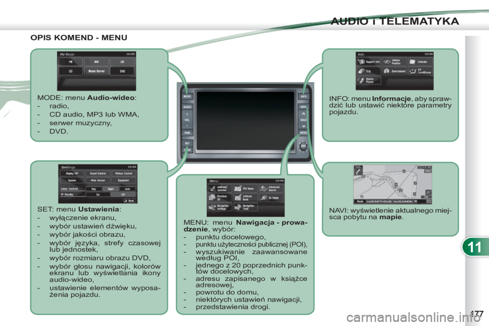 PEUGEOT 4007 2012  Instrukcja obsługi (in Polish) 11
AUDIO i TELEMATYKA
OPIS KOMEND - MENU
   
MODE: menu  Audio-wideo 
: 
   
 
-  radio, 
   
-   CD audio, MP3 lub WMA, 
   
-  serwer muzyczny, 
   
-  DVD.  
  MENU: menu  Nawigacja - prowa-
dzenie