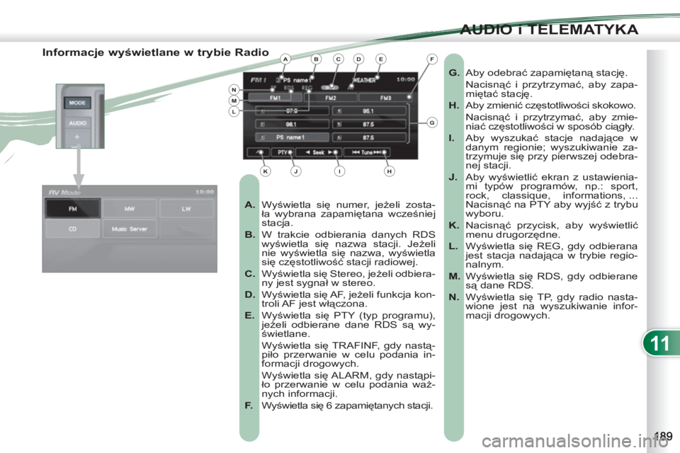 PEUGEOT 4007 2012 Instrukcja obsługi (in Polish) 11
AUDIO i TELEMATYKA
Informacje wyświetlane w trybie Radio
A.
Wyświetla się numer, jeżeli zosta-
ła wybrana zapamiętana wcześniej
stacja.
B.
W PEUGEOT 4007 2012 Instrukcja obsługi (in Polish) 11
AUDIO i TELEMATYKA
Informacje wyświetlane w trybie Radio
A.
Wyświetla się numer, jeżeli zosta-
ła wybrana zapamiętana wcześniej
stacja.
B.
W