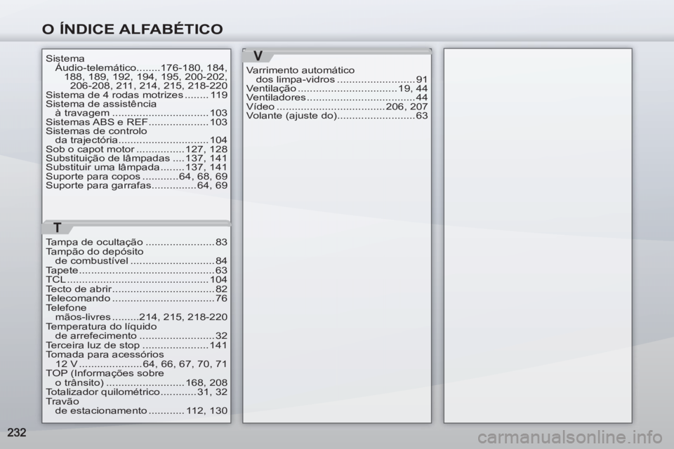 PEUGEOT 4007 2012 Manual de utilização (in Portuguese) O ÍNDICE ALFABÉTICO
V
Varrimento automático
dos limpa-vidros .......................... 91
Ventilação ................................. 19, 44
Ventiladores .................................... PEUGEOT 4007 2012 Manual de utilização (in Portuguese) O ÍNDICE ALFABÉTICO
V
Varrimento automático
dos limpa-vidros .......................... 91
Ventilação ................................. 19, 44
Ventiladores ....................................