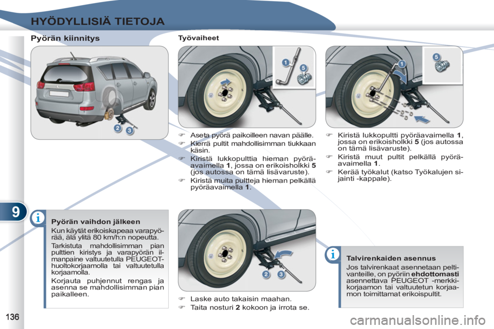 PEUGEOT 4007 2012 Omistajan Käsikirja (in Finnish) 9
HYÖDYLLISIÄ TIETOJA
Pyörän vaihdon jälkeen
Kun käytät erikoiskapeaa varapyö-
rää, älä ylitä 80 km/h:n nopeutta.
Tarkistuta mahdollisimman pian
pulttien kiristys ja varapyör PEUGEOT 4007 2012 Omistajan Käsikirja (in Finnish) 9
HYÖDYLLISIÄ TIETOJA
Pyörän vaihdon jälkeen
Kun käytät erikoiskapeaa varapyö-
rää, älä ylitä 80 km/h:n nopeutta.
Tarkistuta mahdollisimman pian
pulttien kiristys ja varapyör