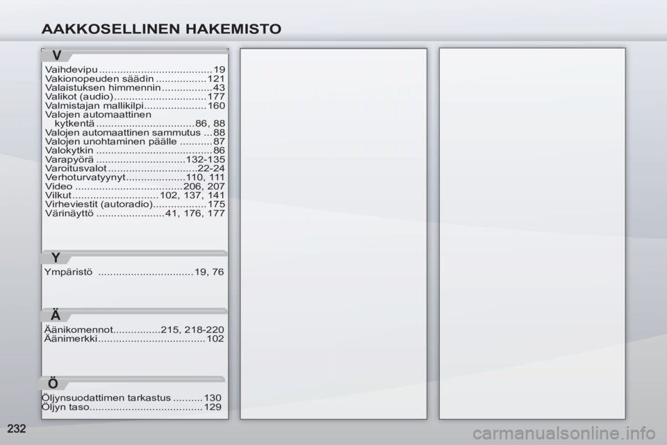 PEUGEOT 4007 2012 Omistajan Käsikirja (in Finnish) AAKKOSELLINEN HAKEMISTO
V
Vaihdevipu ...................................... 19
Vakionopeuden säädin ................. 121
Valaistuksen himmennin ................. 43
Valikot (audio) ................ PEUGEOT 4007 2012 Omistajan Käsikirja (in Finnish) AAKKOSELLINEN HAKEMISTO
V
Vaihdevipu ...................................... 19
Vakionopeuden säädin ................. 121
Valaistuksen himmennin ................. 43
Valikot (audio) ................
