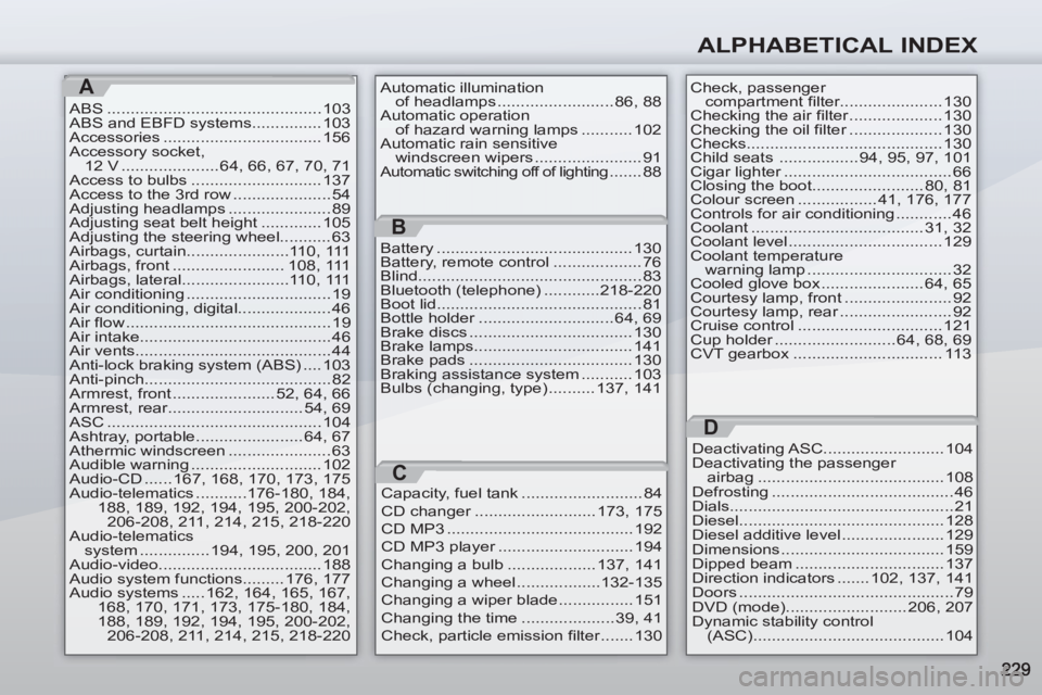 PEUGEOT 4007 2011.5  Owners Manual ALPHABETICAL INDEX
A
ABS .............................................. 103
ABS and EBFD systems............... 103
Accessories .................................. 156
Accessory socket, 
12 V .........
