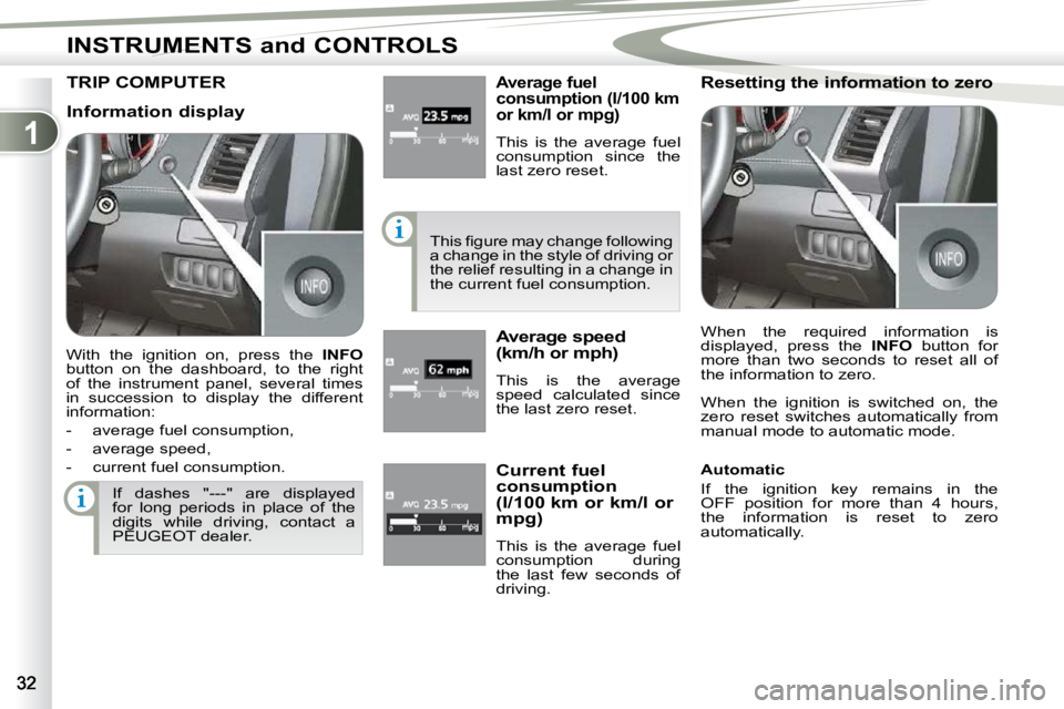 PEUGEOT 4007 2010.5  Owners Manual 1
INSTRUMENTS and CONTROLS
TRIP COMPUTER � � �A�v�e�r�a�g�e� �f�u�e�l�  
consumption (l/100 km 
or km/l or mpg) 
 This  is  the  average  fuel  
consumption  since  the 
last zero reset. 
� �T�h�i�s� 