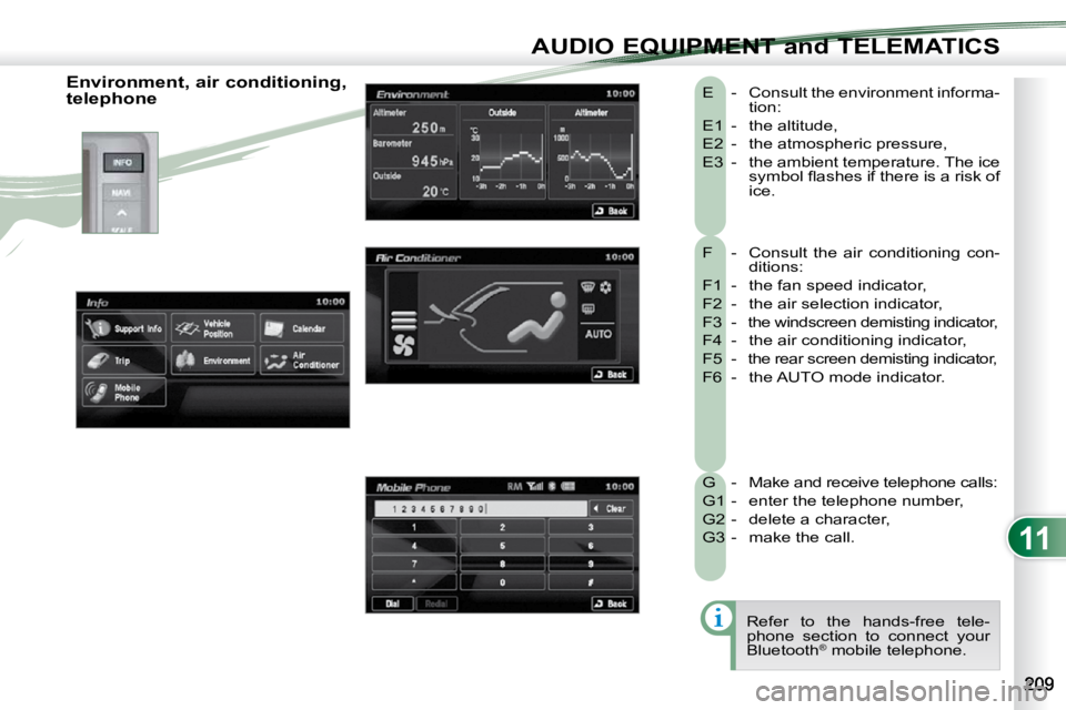 PEUGEOT 4007 2010.5  Owners Manual 11
AUDIO EQUIPMENT and TELEMATICS
 F   -   Consult  the  air  conditioning  con-ditions: 
 F1  -   the fan speed indicator,  
 F2  -   the air selection indicator, 
 F3  -   the windscreen demisting i