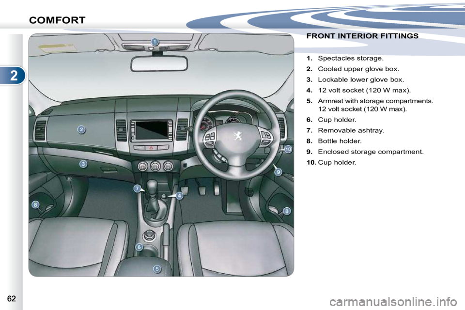 PEUGEOT 4007 2010.5  Owners Manual 2
COMFORT
                     FRONT INTERIOR FITTINGS                      FRONT INTERIOR FITTINGS 
    
1. � �  �S�p�e�c�t�a�c�l�e�s� �s�t�o�r�a�g�e�.� 
  
2. � �  �C�o�o�l�e�d� �u�p�p�e�r� �g�l�o�v