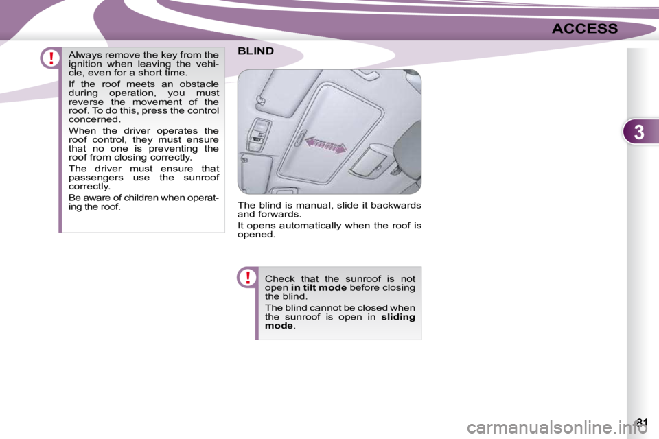PEUGEOT 4007 2010.5  Owners Manual 3
ACCESS
BLIND 
 The blind is manual, slide it backwards  
and forwards.  
 It  opens  automatically  when  the  roof  is  
opened.  Check  that  the  sunroof  is  not 
open  in tilt mode   before clo