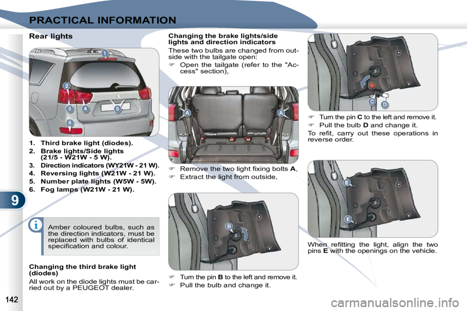 PEUGEOT 4007 2009.5.  Owners Manual 9
PRACTICAL INFORMATION
                                           Rear lights 
   
1.     Third brake light (diodes).   
  
2.     Brake lights/Side lights  
(21/5 - W21W - 5 W).   
  
3.      Direct