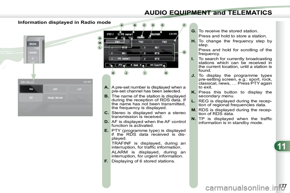 PEUGEOT 4007 2007.5  Owners Manual 11
ABCDE
G
HIJK
LMN
F
AUDIO EQUIPMENT and TELEMATICSEQUIPMENT and TELEMA
                 Information displayed in Radio mode    
A.    A pre-set number is displayed when a 
pre-set channel has been s