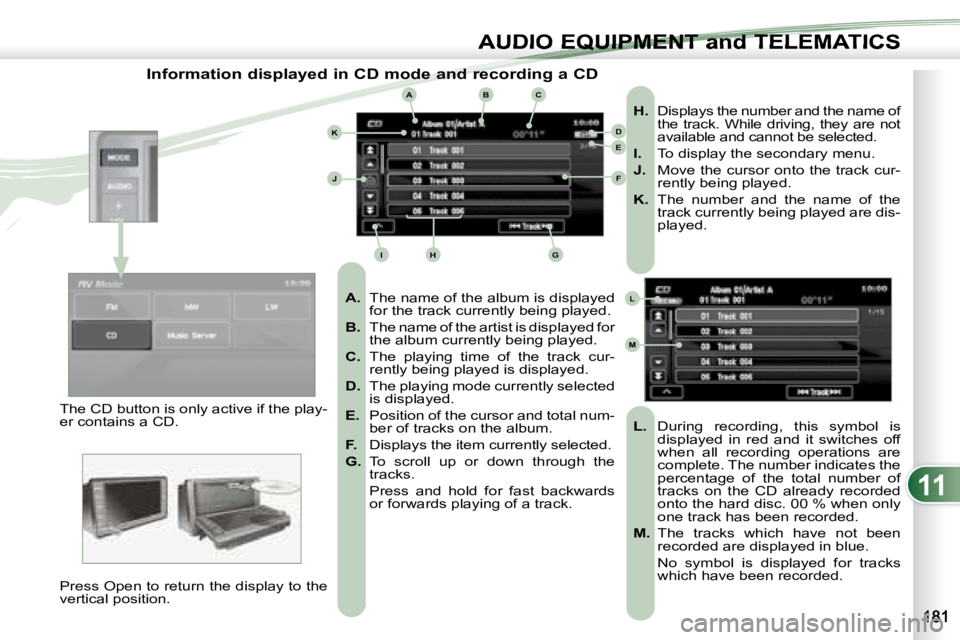 PEUGEOT 4007 2007.5  Owners Manual 11
ABC
DE
F
GHI
J
K
L
M
AUDIO EQUIPMENT and TELEMATICSEQUIPMENT and TELEMA
   Information displayed in CD mode and recording a CD 
   
A.    The name of the album is displayed 
for the track currently