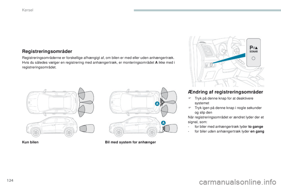 PEUGEOT 4008 2015  Brugsanvisning (in Danish) 124
4008_da_Chap04_conduite_ed01-2016
Kun bilenBil med system for anhænger
Ændring af registreringsområder
F  tryk på denne knap for at deaktivere 
systemet
F
  t
r
 yk igen på denne knap i nogle