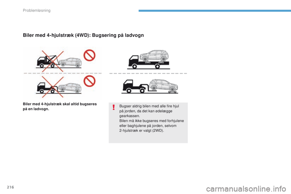 PEUGEOT 4008 2015  Brugsanvisning (in Danish) 216
4008_da_Chap08_en-cas-de panne_ed01-2016
Biler med 4-hjulstræk skal altid bugseres 
på en ladvogn. Bugser aldrig bilen med alle fire hjul 
på jorden, da det kan ødelægge 
gearkassen.
Bilen m
