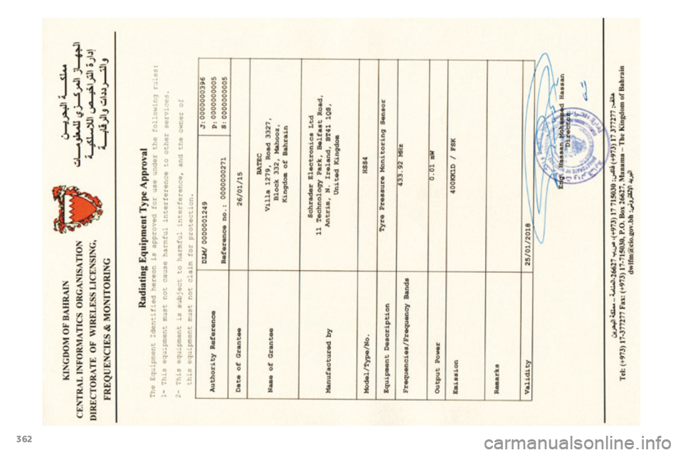 PEUGEOT 4008 2015  Brugsanvisning (in Danish) 362
4008_da_Chap12_certificats_ed01-2016  