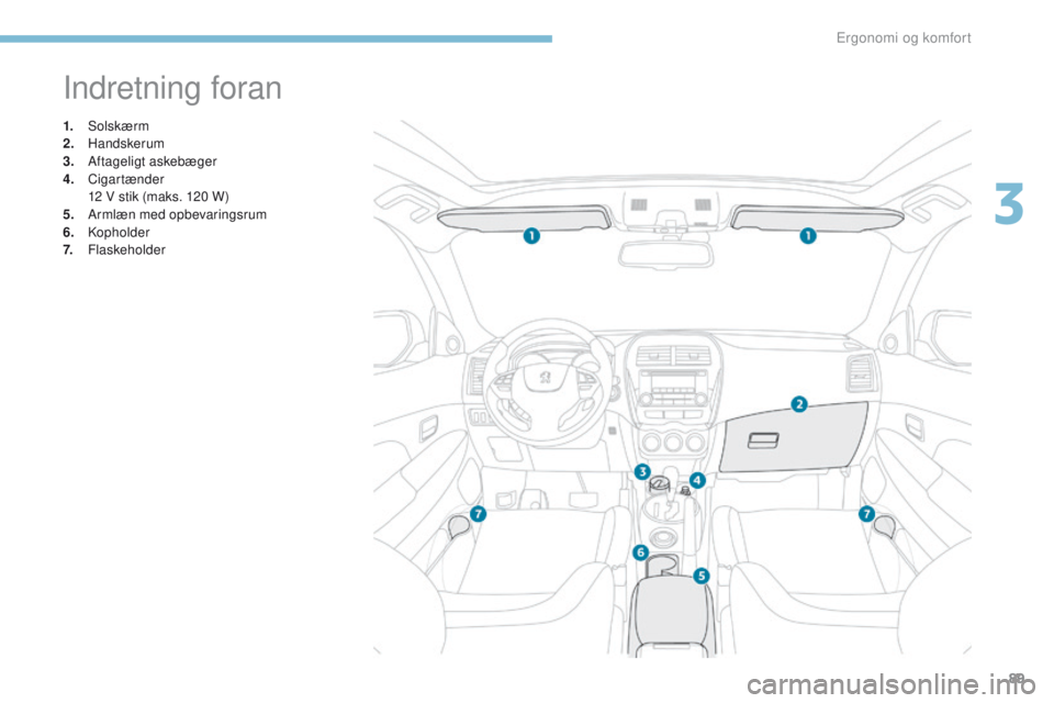 PEUGEOT 4008 2015  Brugsanvisning (in Danish) 89
4008_da_Chap03_Ergonomie-et-confort_ed01-2016
Indretning foran
1. Solskærm
2. H andskerum
3.
 A

ftageligt askebæger
4.
 

  Cigartænder
 1

2   V stik (maks. 120   W)
5.
 A

rmlæn med opbevari