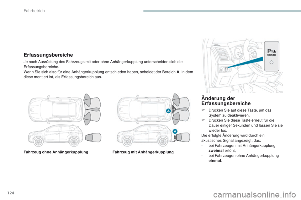 PEUGEOT 4008 2015  Betriebsanleitungen (in German) 124
4008_de_Chap04_conduite_ed01-2016
Fahrzeug ohne AnhängerkupplungFahrzeug mit Anhängerkupplung
Änderung der 
Erfassungsbereiche
F Drücken Sie auf diese ta ste, um das 
System zu deaktivieren.
F