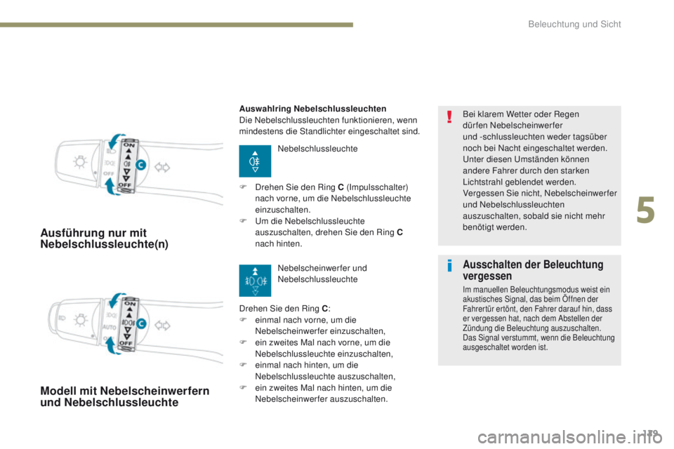 PEUGEOT 4008 2015  Betriebsanleitungen (in German) 129
4008_de_Chap05_Eclairage-et-visibilite_ed01-2016
Ausführung nur mit 
Nebelschlussleuchte(n)
Nebelschlussleuchte
Drehen Sie den Ring C :
F
 
e

inmal nach vorne, um die 
Nebelscheinwerfer einzusch