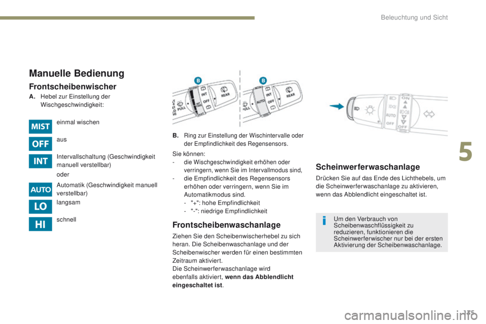 PEUGEOT 4008 2015  Betriebsanleitungen (in German) 135
4008_de_Chap05_Eclairage-et-visibilite_ed01-2016
Manuelle Bedienung
Frontscheibenwischer
B.   Ring zur einstellung der Wischintervalle oder 
der 
em pfindlichkeit des Regensensors.
Frontscheibenwa