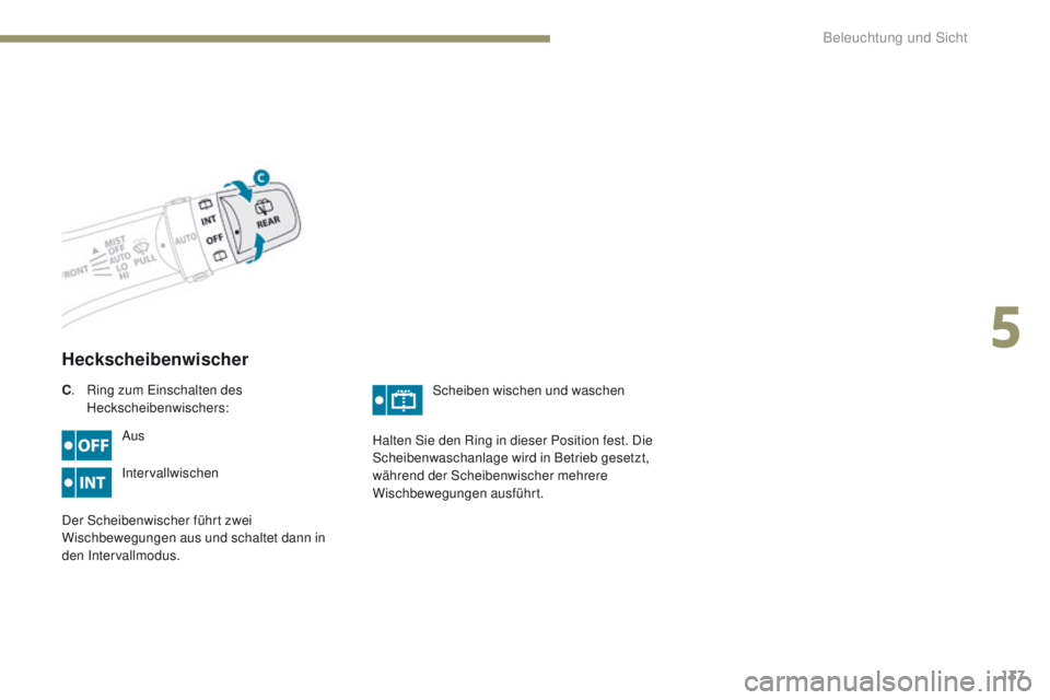 PEUGEOT 4008 2015  Betriebsanleitungen (in German) 137
4008_de_Chap05_Eclairage-et-visibilite_ed01-2016
Heckscheibenwischer
Aus
Intervallwischen
Der Scheibenwischer führt zwei 
Wischbewegungen aus und schaltet dann in 
den Intervallmodus. Scheiben wi