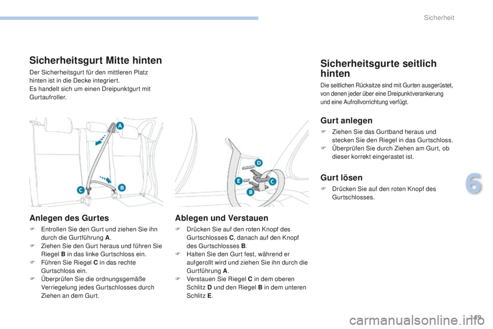 PEUGEOT 4008 2015  Betriebsanleitungen (in German) 149
4008_de_Chap06_securite_ed01-2016
Sicherheitsgurt Mitte hinten
Der Sicherheitsgurt für den mittleren Platz 
hinten ist in die Decke integriert.
es h
andelt sich um einen Dreipunktgurt mit 
gur

t