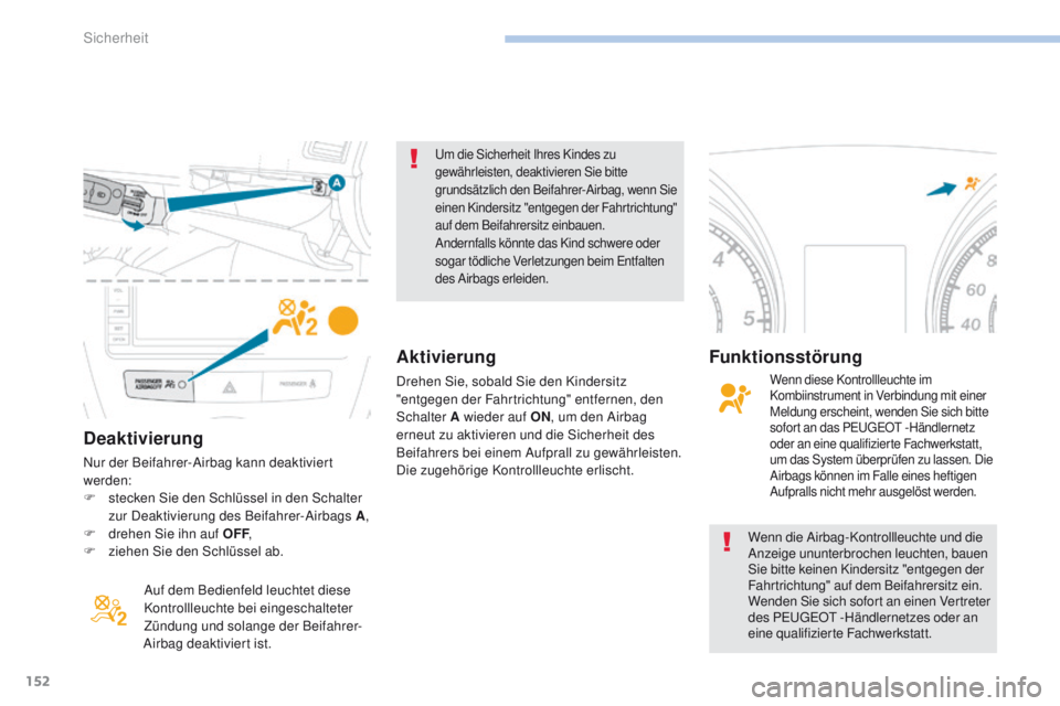 PEUGEOT 4008 2015  Betriebsanleitungen (in German) 152
4008_de_Chap06_securite_ed01-2016
Deaktivierung
Nur der Beifahrer-Airbag kann deaktiviert 
werden:
F 
s
 tecken Sie den Schlüssel in den Schalter 
zur Deaktivierung des Beifahrer-Airbags A ,
F
 

