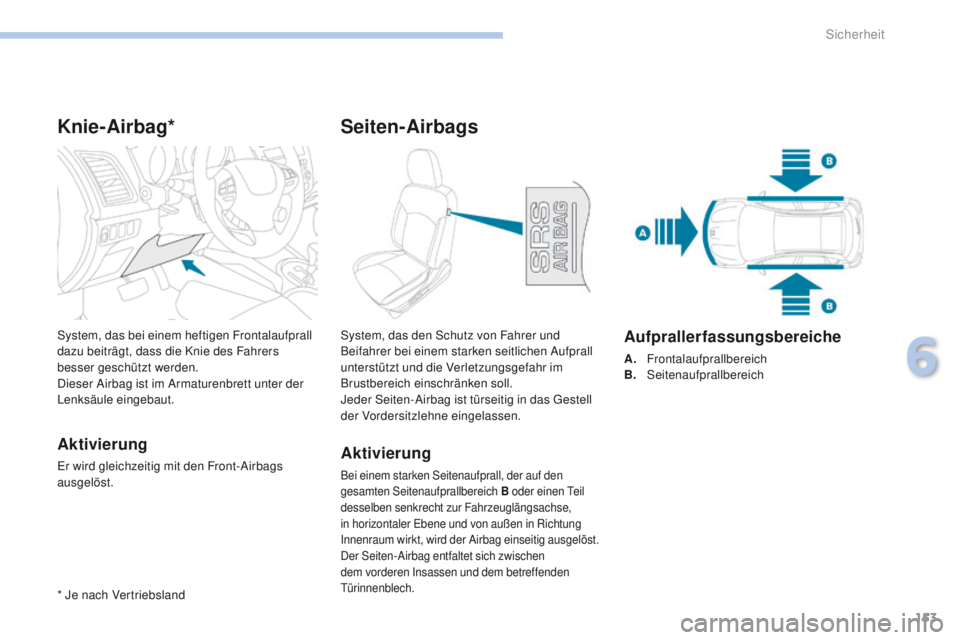 PEUGEOT 4008 2015  Betriebsanleitungen (in German) 153
4008_de_Chap06_securite_ed01-2016
Knie-Airbag*
Aktivierung
er wird gleichzeitig mit den Front-Airbags 
ausgelöst. System, das bei einem heftigen Frontalaufprall 
dazu beiträgt, dass die Knie des