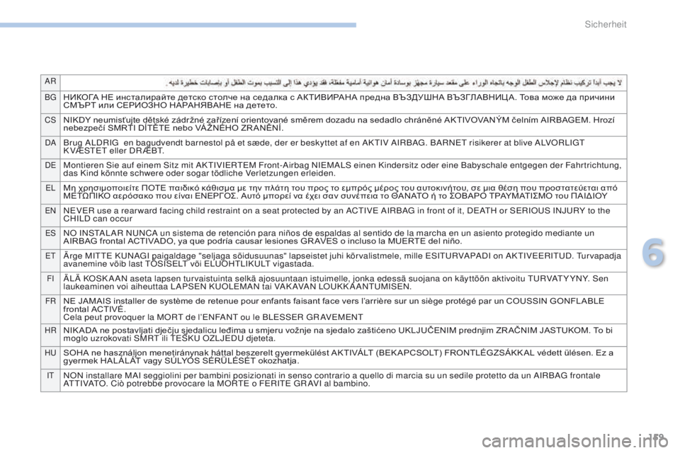 PEUGEOT 4008 2015  Betriebsanleitungen (in German) 159
AR
B g
НИКОГА НЕ инсталирайте детско столче на седалка с АКТИВИРАНА предна ВЪЗДУШНА ВЪЗГЛАВНИЦ А. Това може д