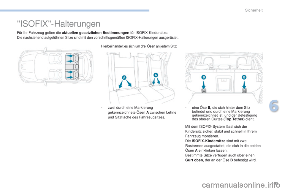 PEUGEOT 4008 2015  Betriebsanleitungen (in German) 165
4008_de_Chap06_securite_ed01-2016
"ISOFIX"-Halterungen
Für Ihr Fahrzeug gelten die aktuellen gesetzlichen Bestimmungen  für ISOFIX-Kindersitze.
Die nachstehend aufgeführten Sitze sind m