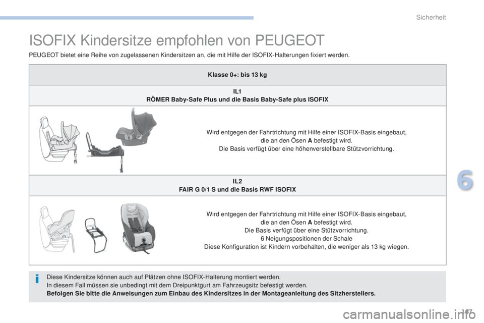 PEUGEOT 4008 2015  Betriebsanleitungen (in German) 167
4008_de_Chap06_securite_ed01-2016
ISOFIX Kindersitze empfohlen von PeugeOt
Diese Kindersitze können auch auf Plätzen ohne ISOFIX-Halterung montiert werden.
In diesem Fall müssen sie unbedingt m