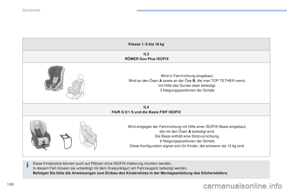 PEUGEOT 4008 2015  Betriebsanleitungen (in German) 168
4008_de_Chap06_securite_ed01-2016
Klasse 1: 9 bis 18 kgIL3 
 RÖMER Duo Plus ISOFIX
Wird in Fahrtrichtung eingebaut.
Wird an den Ösen A sowie an der Öse B , die man 
t
O
 P  tet
HeR n
 ennt,  
m