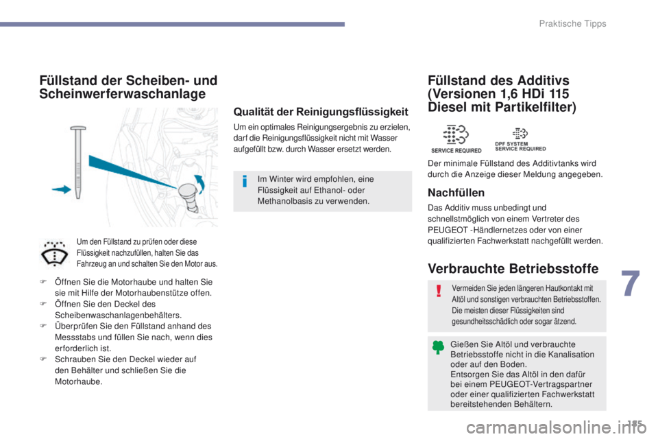 PEUGEOT 4008 2015  Betriebsanleitungen (in German) 185
4008_de_Chap07_info-pratiques_ed01-2016
Vermeiden Sie jeden längeren Hautkontakt mit 
Altöl und sonstigen verbrauchten Betriebsstoffen.
Die meisten dieser Flüssigkeiten sind 
gesundheitsschädl