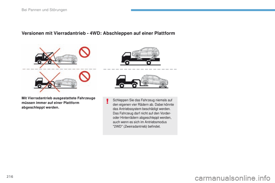 PEUGEOT 4008 2015  Betriebsanleitungen (in German) 216
4008_de_Chap08_en-cas-de panne_ed01-2016
Mit Vierradantrieb ausgestattete Fahrzeuge 
müssen immer auf einer Plattform 
abgeschleppt werden.Schleppen Sie das Fahrzeug niemals auf 
den eigenen vier