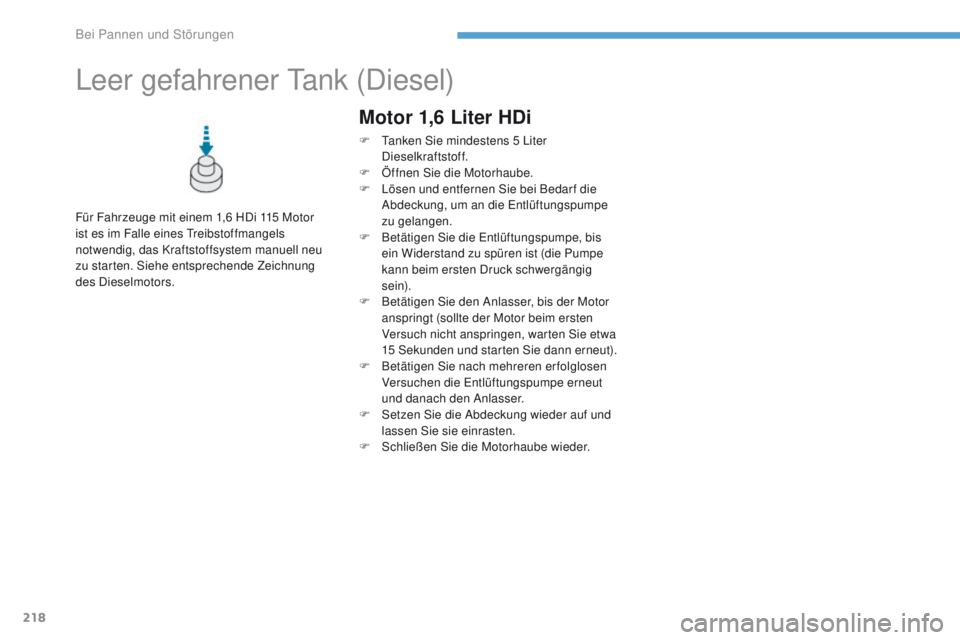 PEUGEOT 4008 2015  Betriebsanleitungen (in German) 218
4008_de_Chap08_en-cas-de panne_ed01-2016
Leer gefahrener ta nk (Diesel)
Für Fahrzeuge mit einem 1,6 HDi 115 Motor 
ist es im Falle eines 
tr eibstoffmangels 
notwendig, das Kraftstoffsystem manue
