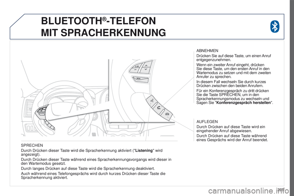 PEUGEOT 4008 2015  Betriebsanleitungen (in German) 235
4008_de_Chap10a_Mitsu3_ed01-2016
SPReCHeN
Durch Drücken dieser 
taste wird die Spracherkennung aktiviert (" Listening" wird 
angezeigt).
Durch Drücken dieser 
taste während eines Sprach