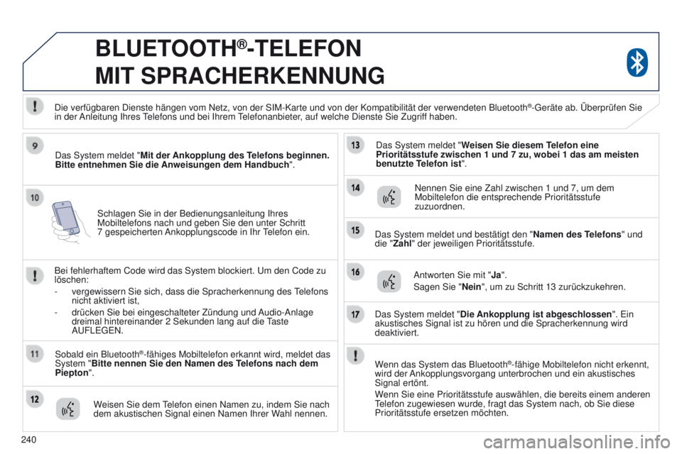 PEUGEOT 4008 2015  Betriebsanleitungen (in German) 240
4008_de_Chap10a_Mitsu3_ed01-2016
Schlagen Sie in der Bedienungsanleitung Ihres 
Mobiltelefons nach und geben Sie den unter Schritt 
7  gespeicherten Ankopplungscode in Ihr 
telefon ein.
BLUETOOTH