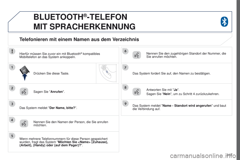 PEUGEOT 4008 2015  Betriebsanleitungen (in German) 243
4008_de_Chap10a_Mitsu3_ed01-2016
BLUETOOTH®-TELEFON  
MIT

 S
PRACHERKENNUNG
Sagen Sie " Anrufen".
Das System meldet "Der Name, bitte?".
Telefonieren mit einem Namen aus dem Verze