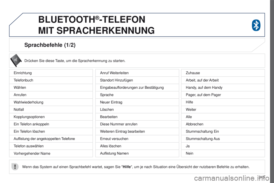 PEUGEOT 4008 2015  Betriebsanleitungen (in German) 245
4008_de_Chap10a_Mitsu3_ed01-2016
Sprachbefehle (1/2)
einrichtung
telefonbuch
Wählen
Anrufen
W

ahlwiederholung
Notfall
Kopplungsoptionen
e

in  t
elefon 
 ankoppeln
e

in  t
elefon 
 löschen
Auf