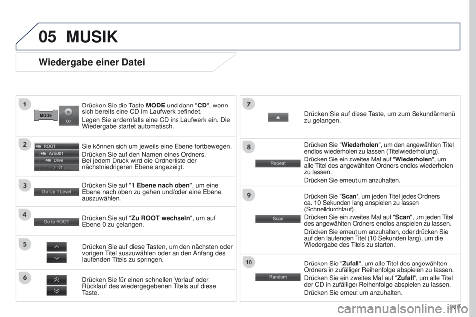 PEUGEOT 4008 2015  Betriebsanleitungen (in German) 05
277
4008_DE_CHAP10B_MITSU6_ED01-2016
Drücken Sie die taste MODE und dann "CD", wenn 
sich bereits eine CD im Laufwerk befindet.
Legen Sie andernfalls eine CD ins Laufwerk ein. Die 
Wiederg