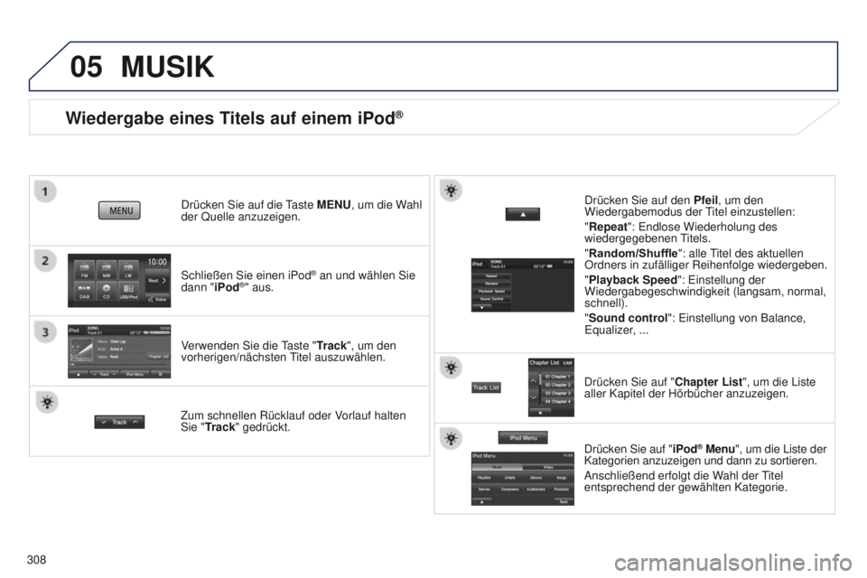 PEUGEOT 4008 2015  Betriebsanleitungen (in German) 05
308
Wiedergabe eines Titels auf einem iPod®
Schließen Sie einen iPod® an und wählen Sie 
dann "iPod®" aus.
Drücken Sie auf die 
taste 
 MENU, um die Wahl 
der Quelle anzuzeigen.
Verwe