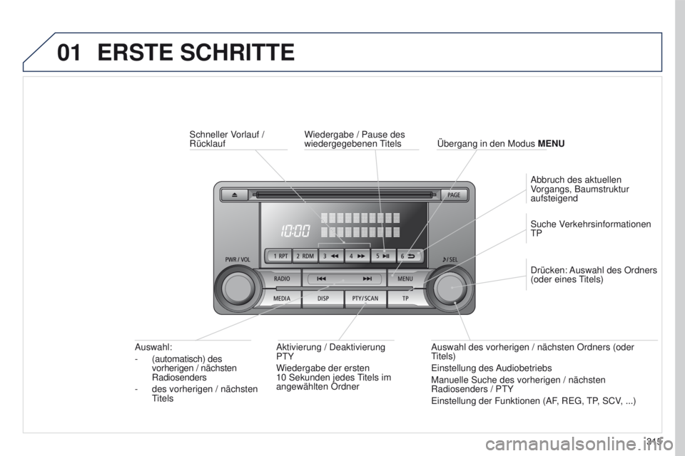PEUGEOT 4008 2015  Betriebsanleitungen (in German) 01
315
4008_de_Chap10d_Mitsu4_ed01-2016
ERSTE SCHRITTE
Schneller Vorlauf / 
RücklaufAktivierung / Deaktivierung 
P
t Y
Wiedergabe der ersten 
10
  Sekunden jedes 
titels im 
angewählten Ordner
Auswa