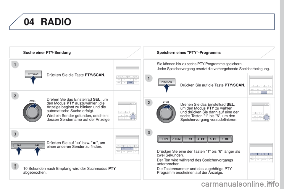 PEUGEOT 4008 2015  Betriebsanleitungen (in German) 04
 
323
4008_de_Chap10d_Mitsu4_ed01-2016
RADIO
Suche einer PTY-SendungDrücken Sie die 
taste 
 PTY/SCAN.
10
  Sekunden nach  e mpfang wird der Suchmodus  PTY 
abgebrochen. Drücken Sie eine der 
tas