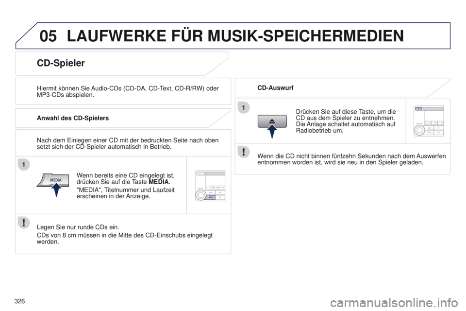 PEUGEOT 4008 2015  Betriebsanleitungen (in German) 05
326
4008_de_Chap10d_Mitsu4_ed01-2016
LAUFWERKE FÜR MUSIK-SPEICHERMEDIEN
Hiermit können Sie Audio-CDs (CD-DA, CD-text, CD-R/RW) oder  
MP3-CDs abspielen. CD-Auswurf
CD-Spieler
Anwahl des CD-Spiele
