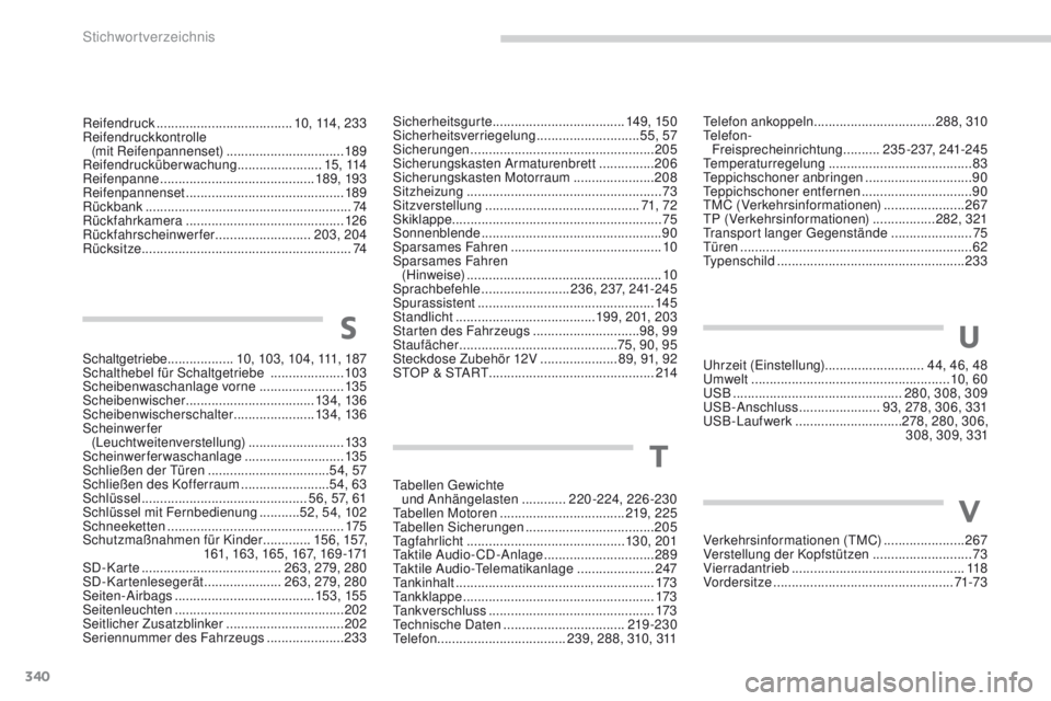 PEUGEOT 4008 2015  Betriebsanleitungen (in German) 340
4008_de_Chap11_index-alpha_ed01-2016
Sicherheitsgurte .................................... 149, 15 0
Sicherheitsverriegelung  ............................55, 57
Sicherungen
 ......................