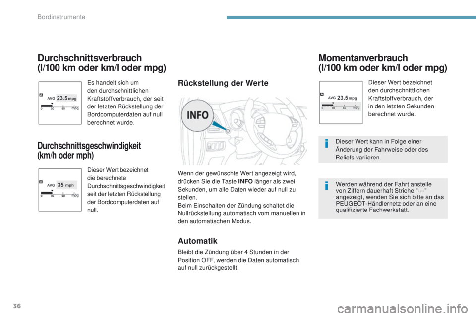 PEUGEOT 4008 2015  Betriebsanleitungen (in German) 36
Durchschnittsverbrauch 
(l/100  km oder km/l oder mpg)
es handelt sich um 
den durchschnittlichen 
Kraftstoffverbrauch, der seit 
der letzten Rückstellung der 
Bordcomputerdaten auf null 
berechne