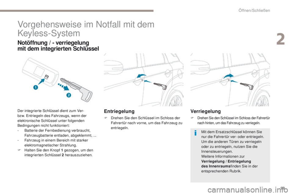 PEUGEOT 4008 2015  Betriebsanleitungen (in German) 59
4008_de_Chap02_ouvertures_ed01-2016
Vorgehensweise im Notfall mit dem  
Keyless-System
Entriegelung
F Drehen Sie den Schlüssel im Schloss der Fahrertür nach vorne, um das Fahrzeug zu 
entriegeln.