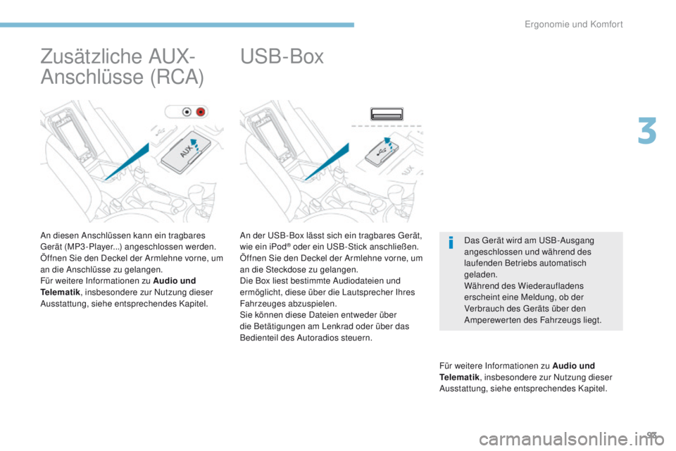 PEUGEOT 4008 2015  Betriebsanleitungen (in German) 93
4008_de_Chap03_Ergonomie-et-confort_ed01-2016
An der uSB-Box lässt sich ein tragbares ge rät, 
wie ein iPod® oder ein uSB-Stick anschließen.
Ö
ffnen Sie den Deckel der Armlehne vorne, um 
an d
