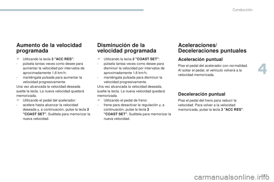 PEUGEOT 4008 2015 Manual del propietario (in Spanish) 121
4008_es_Chap04_conduite_ed01-2016
Aumento de la velocidad
programadaDisminución de la
velocidad programadaAceleraciones/
Deceleraciones puntuales
Aceleración puntual
Pise el pedal del acelerad PEUGEOT 4008 2015 Manual del propietario (in Spanish) 121
4008_es_Chap04_conduite_ed01-2016
Aumento de la velocidad
programadaDisminución de la
velocidad programadaAceleraciones/
Deceleraciones puntuales
Aceleración puntual
Pise el pedal del acelerad