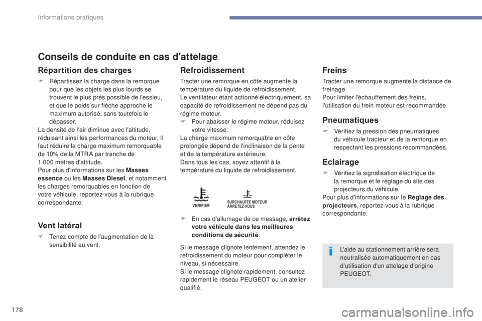 PEUGEOT 4008 2015 Manuel du propriétaire (in French) 178
Conseils de conduite en cas d'attelage
Répartition des charges
F Répartissez la charge dans la remorque pour que les objets les plus lourds se
trouvent le plus près possible de l'essie PEUGEOT 4008 2015 Manuel du propriétaire (in French) 178
Conseils de conduite en cas d'attelage
Répartition des charges
F Répartissez la charge dans la remorque pour que les objets les plus lourds se
trouvent le plus près possible de l'essie