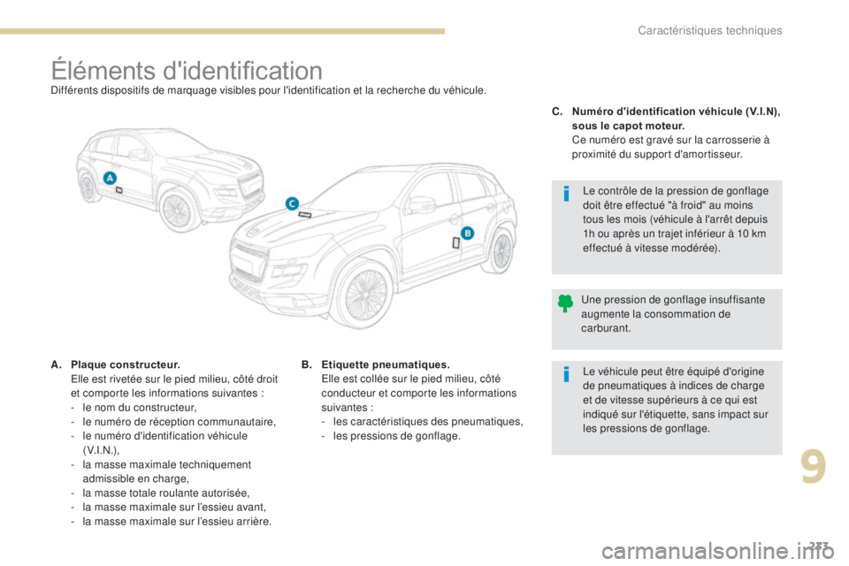 PEUGEOT 4008 2015 Manuel du propriétaire (in French) 233
Éléments d'identificationDifférents dispositifs de marquage visibles pour l'identification et la recherche du véhicule.
A.
P
laque constructeur.
E
lle est rivetée sur le pied mil PEUGEOT 4008 2015 Manuel du propriétaire (in French) 233
Éléments d'identificationDifférents dispositifs de marquage visibles pour l'identification et la recherche du véhicule.
A.
P
laque constructeur.
E
lle est rivetée sur le pied mil