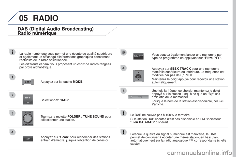 PEUGEOT 4008 2015 Manuel du propriétaire (in French) 05
275
DAB (Digital Audio Broadcasting)
Radio numérique
La radio numérique vous permet une écoute de qualité supérie\
ure
et également un affichage d'informations graphiques concernant
l PEUGEOT 4008 2015 Manuel du propriétaire (in French) 05
275
DAB (Digital Audio Broadcasting)
Radio numérique
La radio numérique vous permet une écoute de qualité supérie\
ure
et également un affichage d'informations graphiques concernant
l