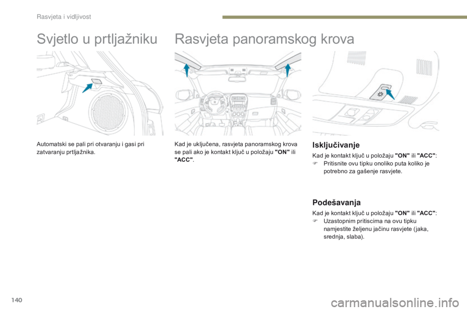 PEUGEOT 4008 2015  Upute Za Rukovanje (in Croatian) 140
4008_hr_Chap05_Eclairage-et-visibilite_ed01-2016
Svjetlo u prtljažniku
Automatski se pali pri otvaranju i gasi pri 
zatvaranju prtljažnika.
Rasvjeta panoramskog krova
Kad je uključena, rasvjeta